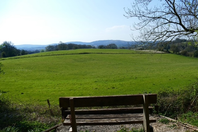 A wooden bench overlooking a lush green field and distant hills under a clear blue sky.