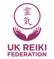 Logo of the UK Reiki Federation featuring hands and Japanese characters.