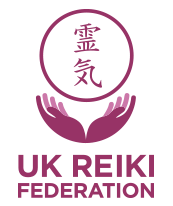 Logo of UK Reiki Federation featuring hands and a symbol representing Reiki energy.