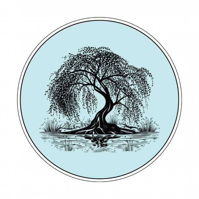 A stylised willow tree with hanging branches beside tranquil water.
