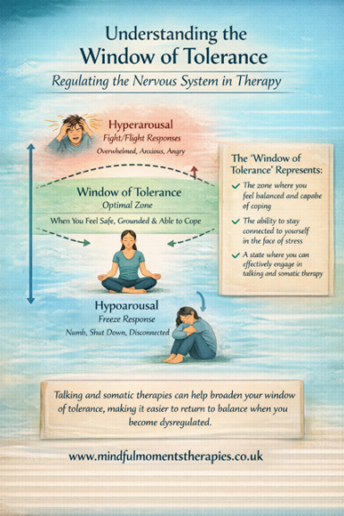 Diagram illustrating the Window of Tolerance concept in therapy, with explanations and definitions.