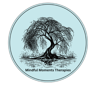 A stylised willow tree surrounded by water, with the text "Mindful Moments Therapies" below.