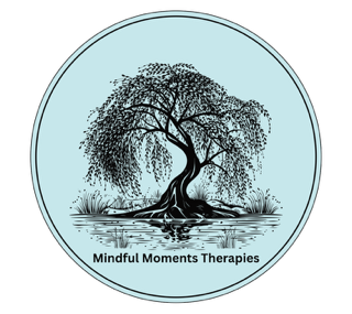Illustration of a willow tree with roots, surrounded by a circular blue border. Text below reads "Mindful Moments Therapies."