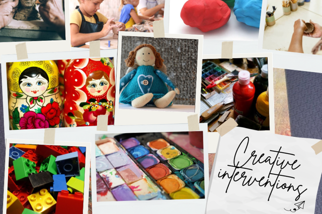 A collage of colourful crafts, dolls, paint, and art supplies showcasing creativity.