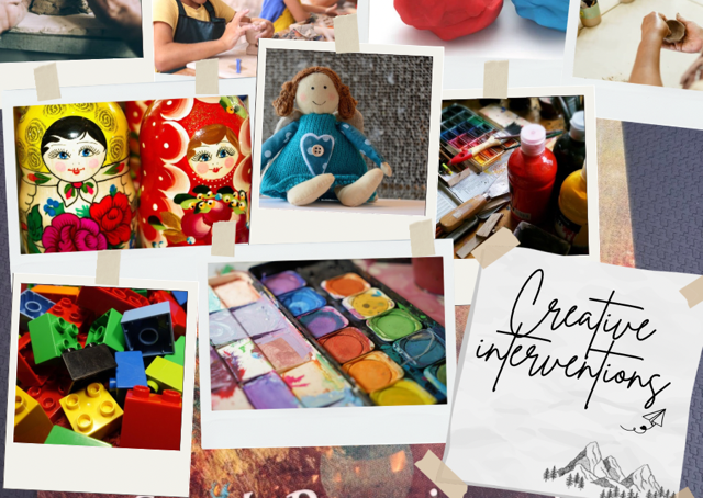 A collage of vibrant crafts, dolls, and art supplies showcasing creativity.