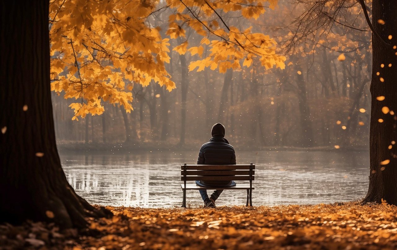 Person sitting on a bench by a lake, surrounded by autumn foliage.