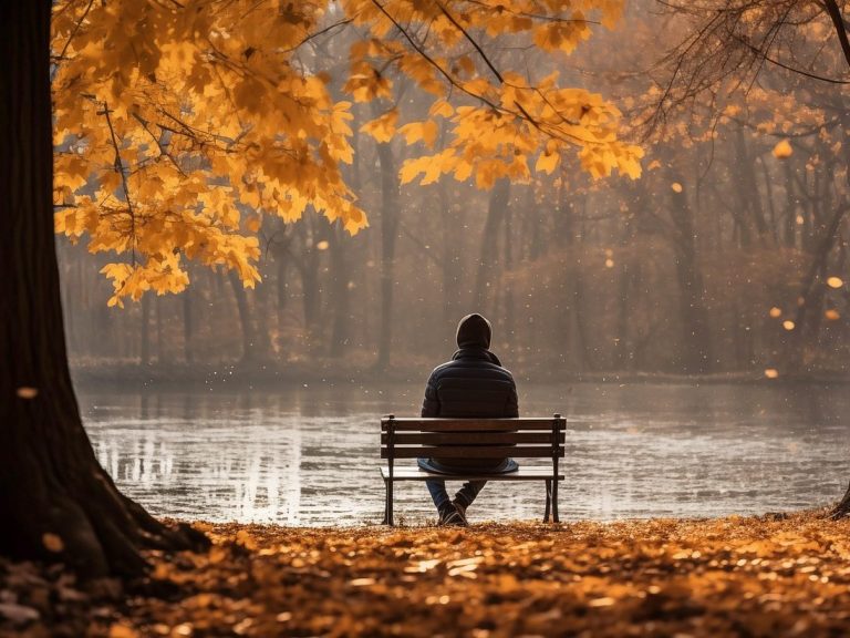 A person seated on a bench by a serene lake surrounded by autumn trees.