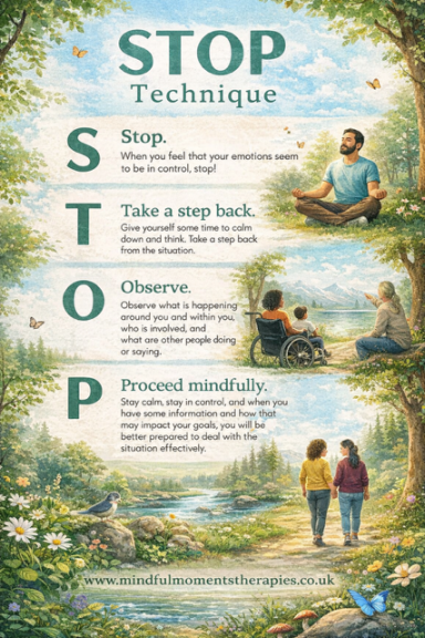 Poster detailing the STOP technique for mindfulness: Stop, Take a step back, Observe, Proceed mindfully.