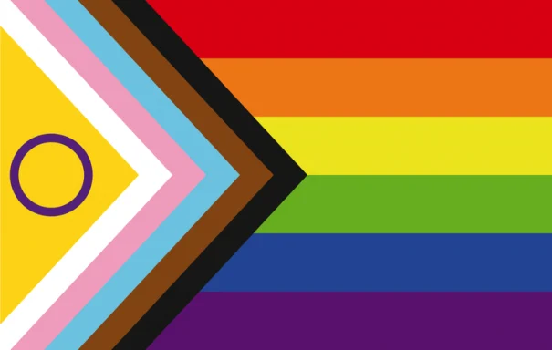Progressive rainbow flag featuring an arrow and additional colours for inclusivity.