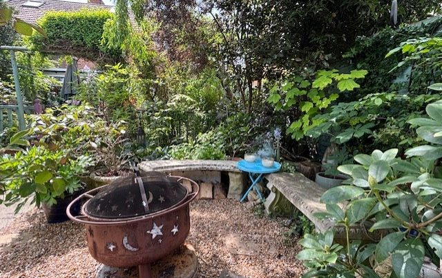 A garden scene with greenery, a fire pit, and a wooden bench.