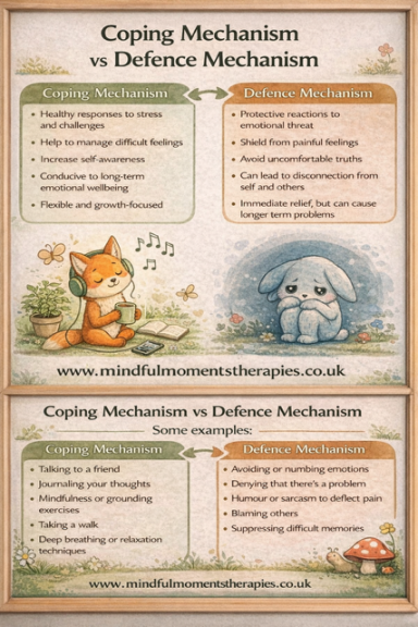 Illustration comparing coping mechanisms and defense mechanisms with a fox and a rabbit.