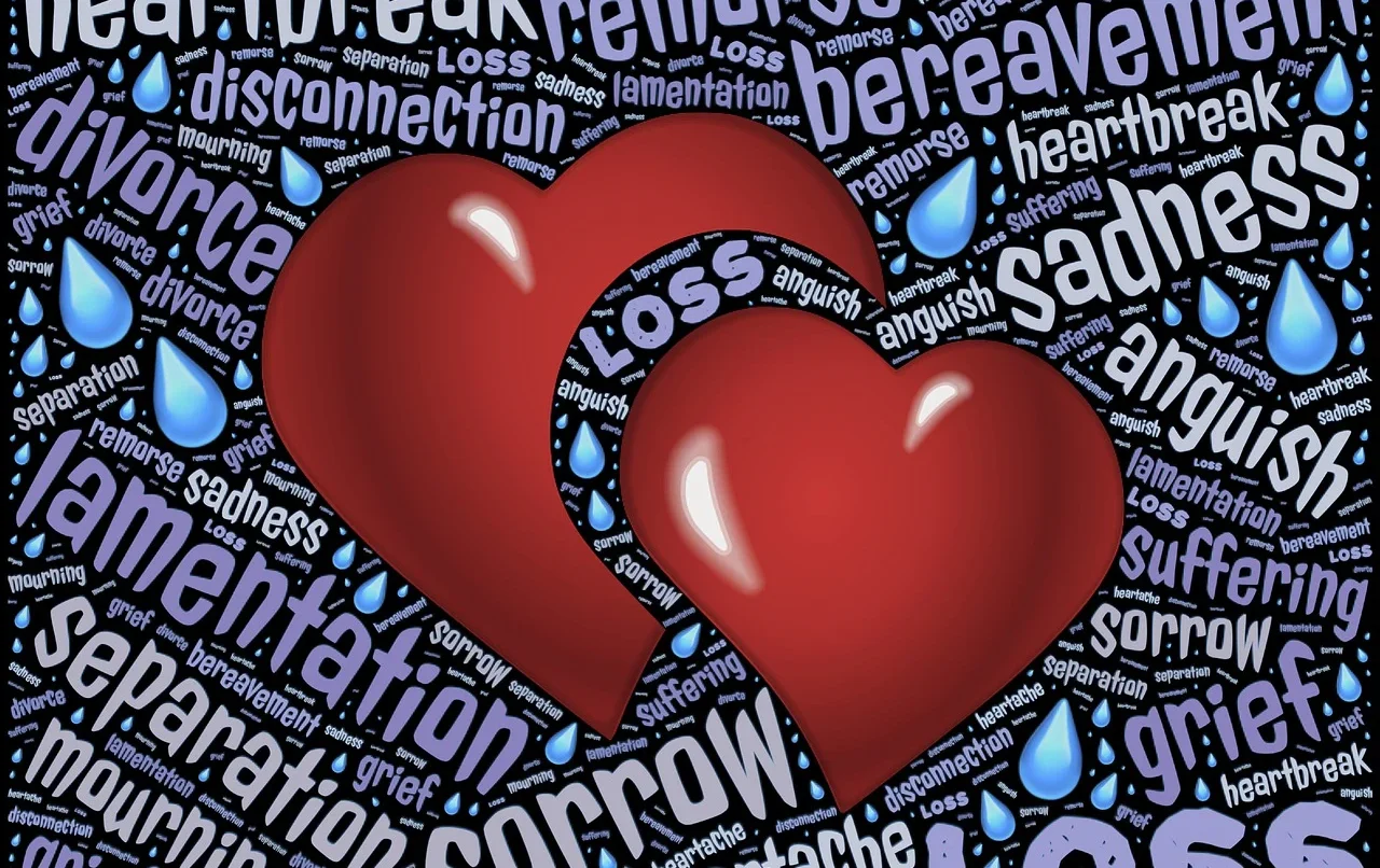 Phiona Hutton Counsellor and Integrative therapist, in person Havant, Hampshire or online nationwide. Two red hearts surrounded by words related to loss, grief, and sadness.