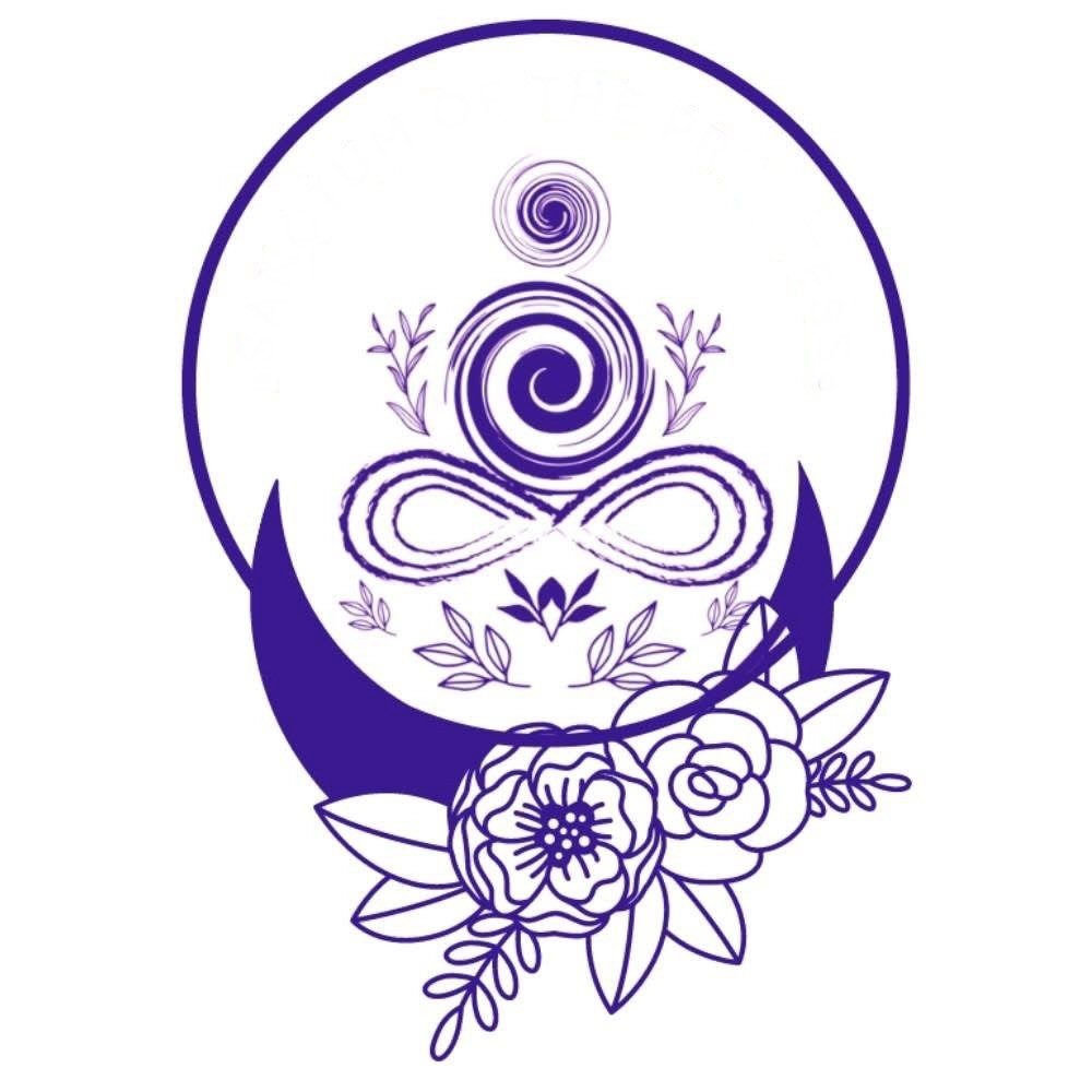 A purple lotus flower design with a meditative figure in a circular frame.