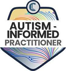 Logo for "Autism-Informed Practitioner" with colourful abstract lines.