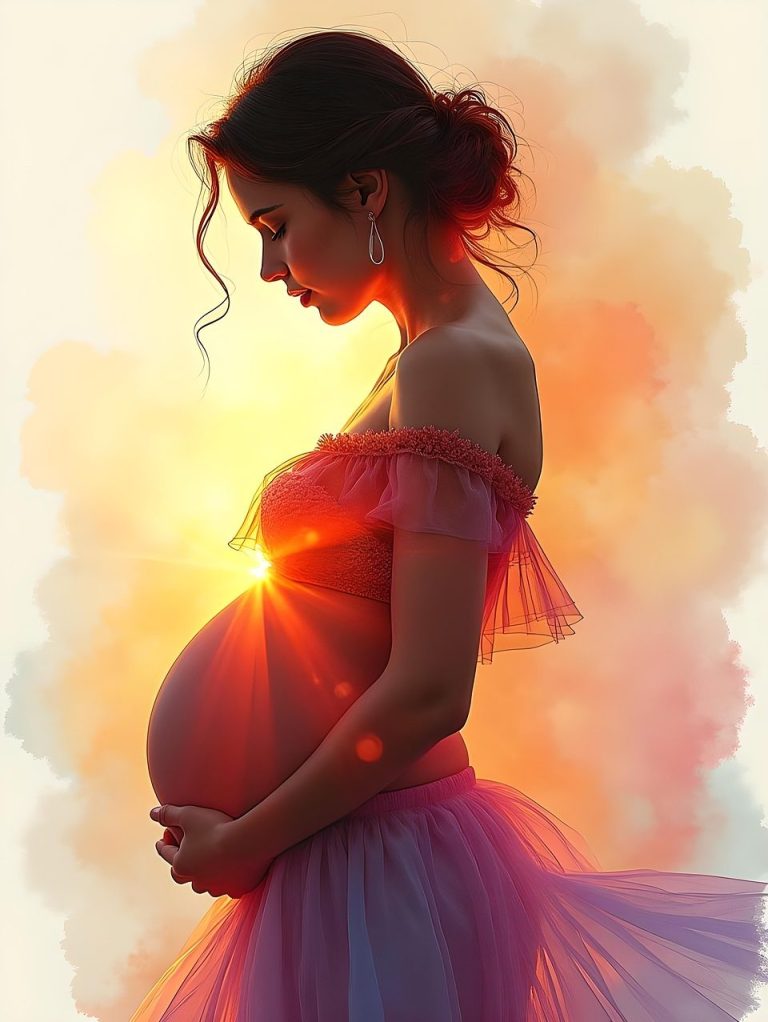Silhouette of a pregnant woman with sunlight shining through, set against a soft background.