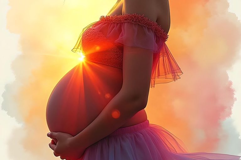 Hypnobirthing Pregnant woman in a pink dress, silhouette against a glowing sunset background.