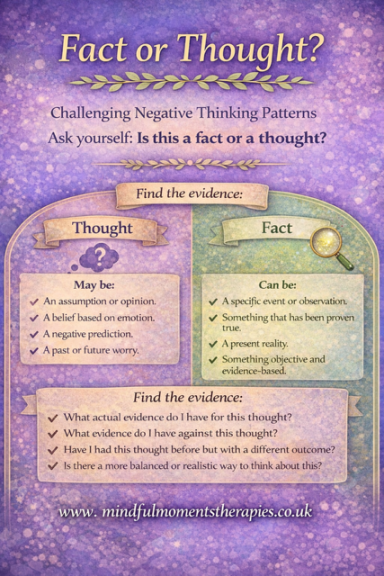 A poster contrasting facts and thoughts with prompts for critical thinking.