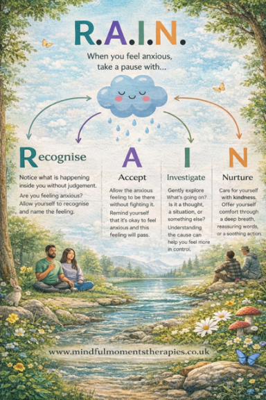 Illustration of a serene nature scene with the R.A.I.N. framework for emotional support.