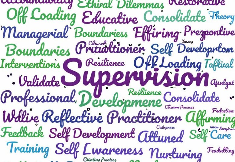 A collage of words related to supervision, development, and professional growth.