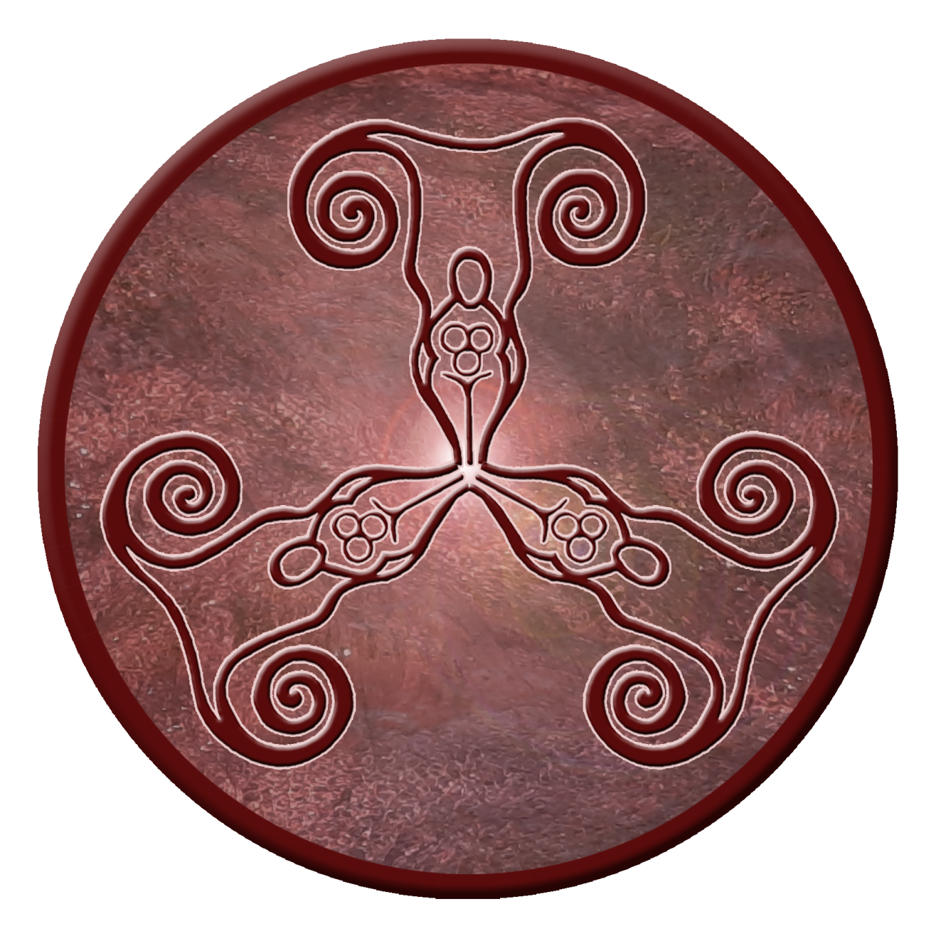 Circular design featuring three human figures intertwined with decorative swirls.