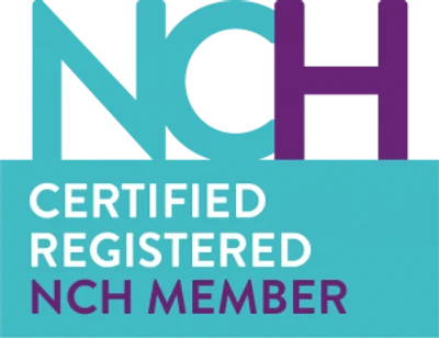 NCH Certified Registered Member logo with blue and purple text on a white background.