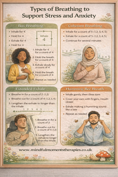 Informative poster detailing breathing techniques for managing stress and anxiety.