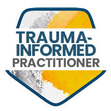 Logo for Trauma-Informed Practitioner, featuring a shield with yellow and grey elements.